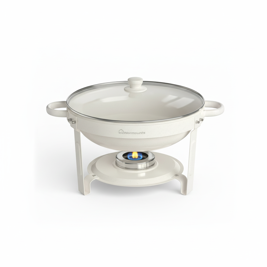White chafing dish with food inside on a white background