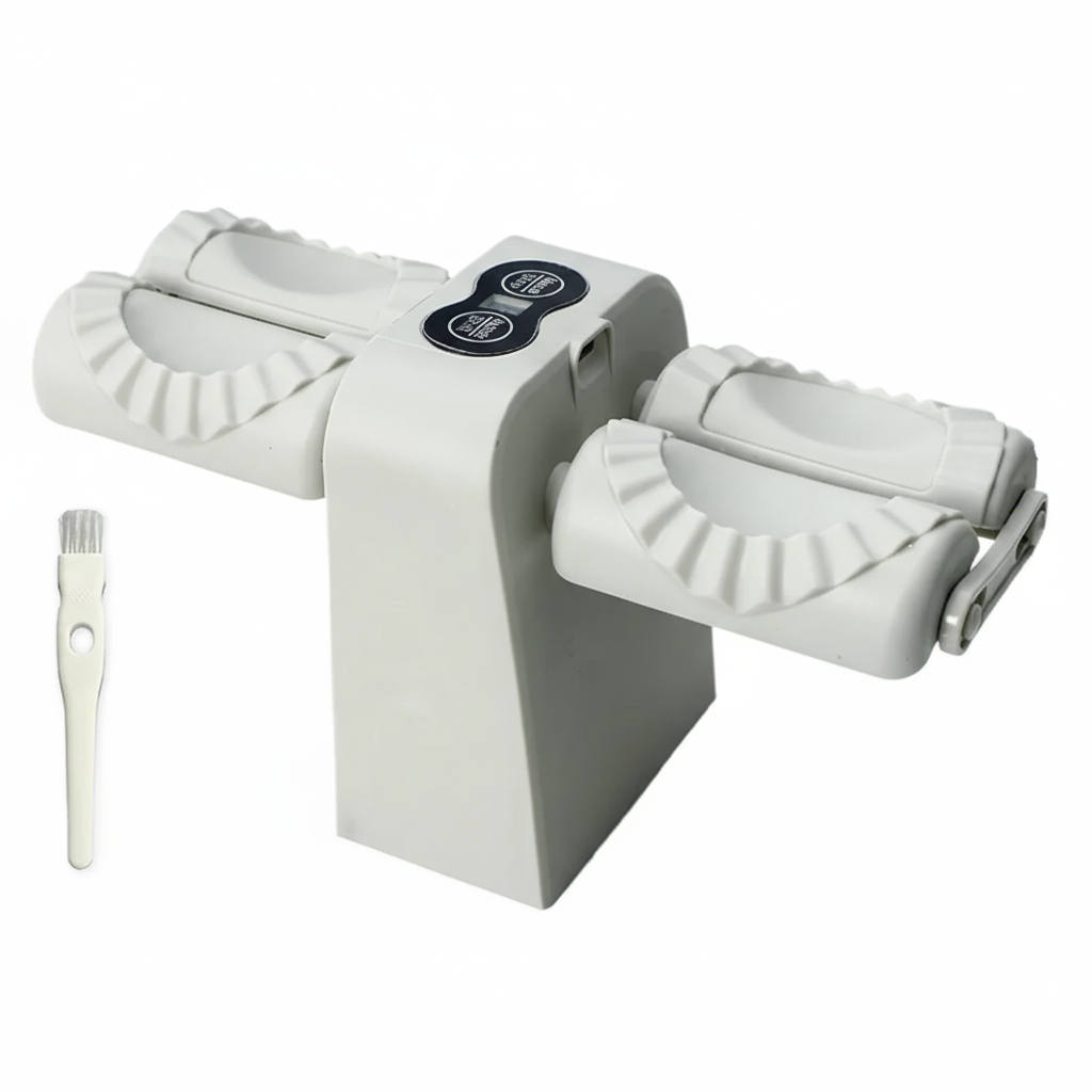 White dumpling maker with two attachments on a white background