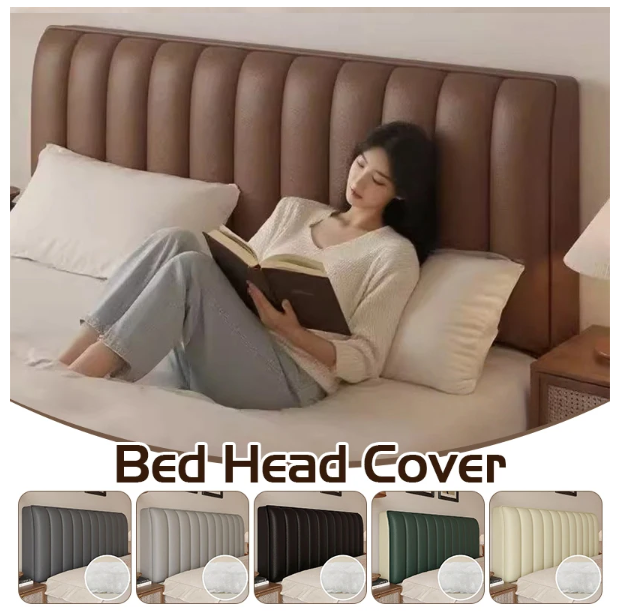 Woman reading a book on a bed with a brown headboard, surrounded by color swatches.