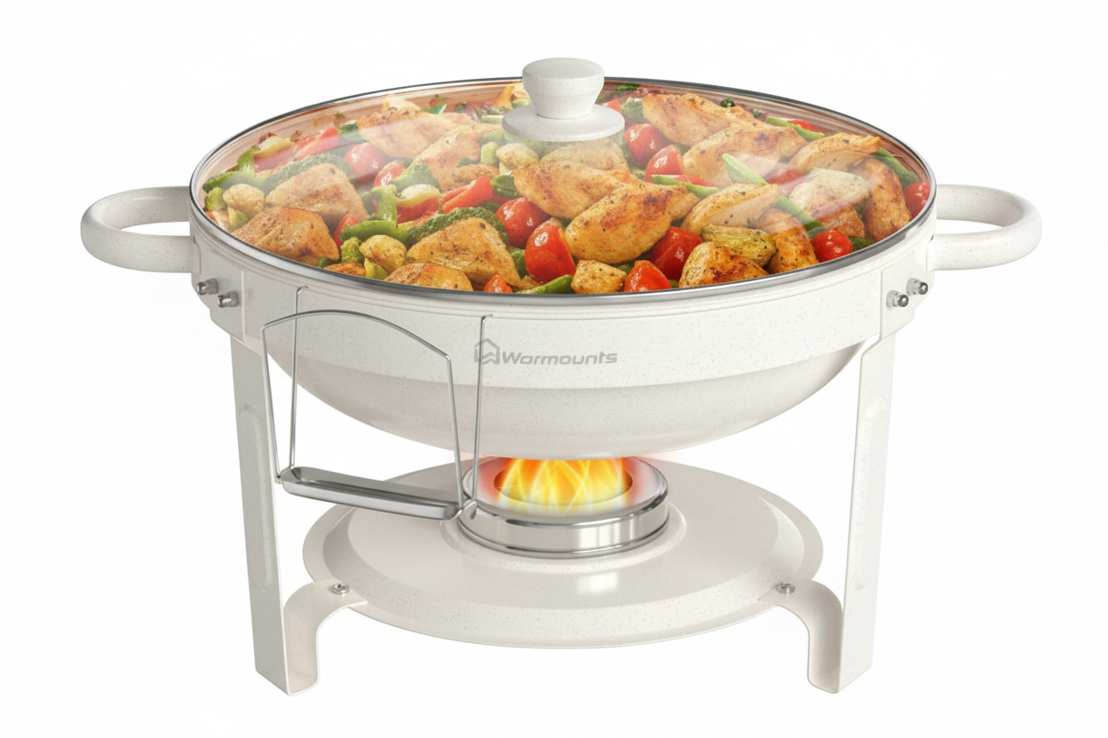 Round white chafing dish with food on a white background