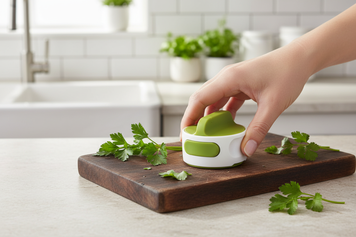 Green and white kitchen tool being held by a hand with a neutral background