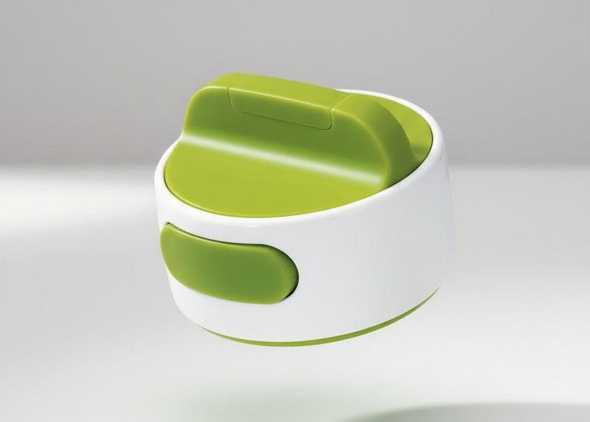 Green and white kitchen tool being held by a hand with a neutral background