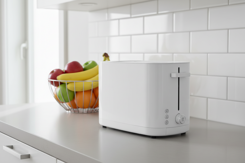 White toaster with black interior on a white background