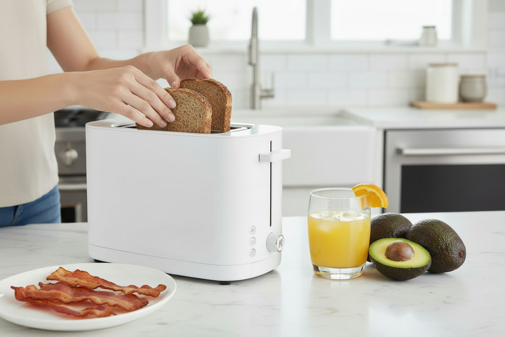 White toaster with black interior on a white background