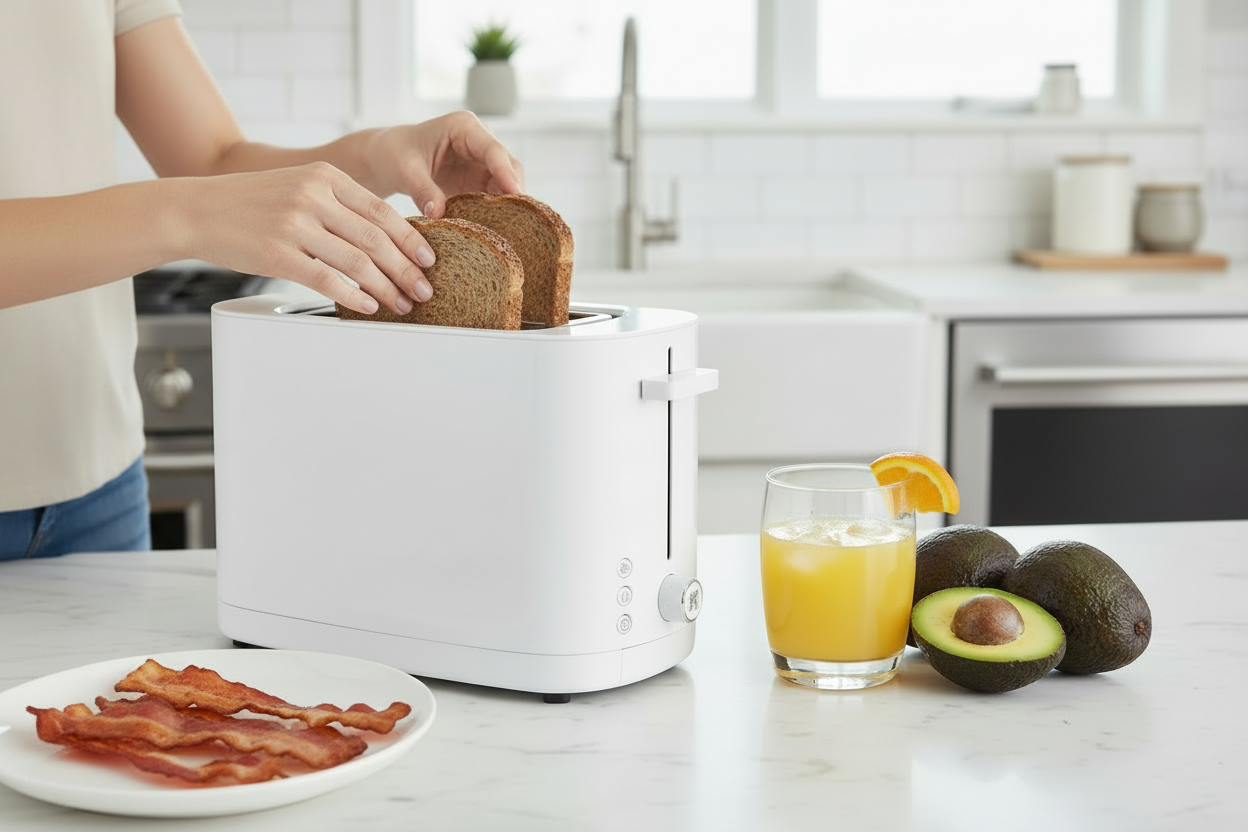 White toaster with black interior on a white background