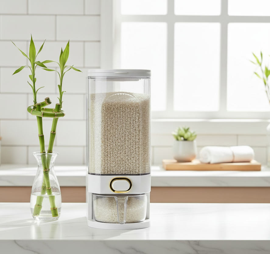 White rice storage container with transparent lid on a kitchen counter