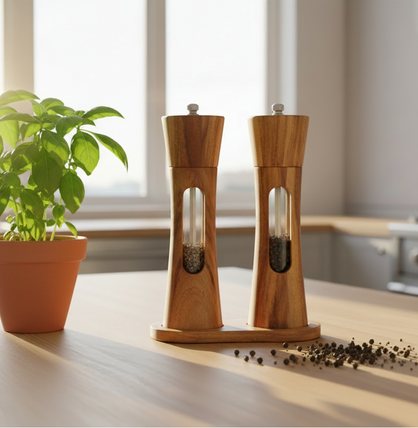 Wooden salt and pepper shakers on a white background
