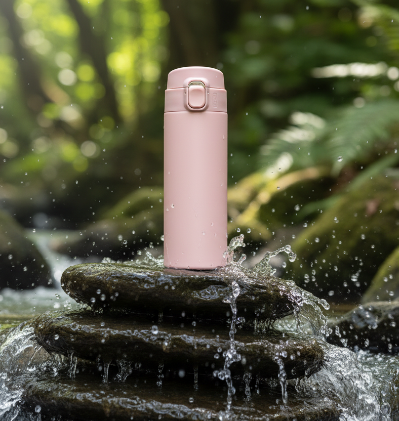 Rose gold thermos bottle on a white background