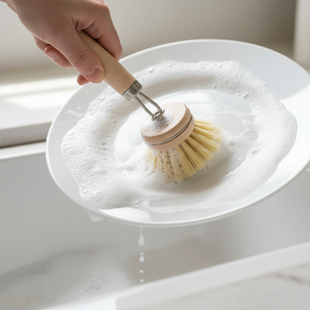 Dish brush with natural bristles and wooden handle on a dark surface