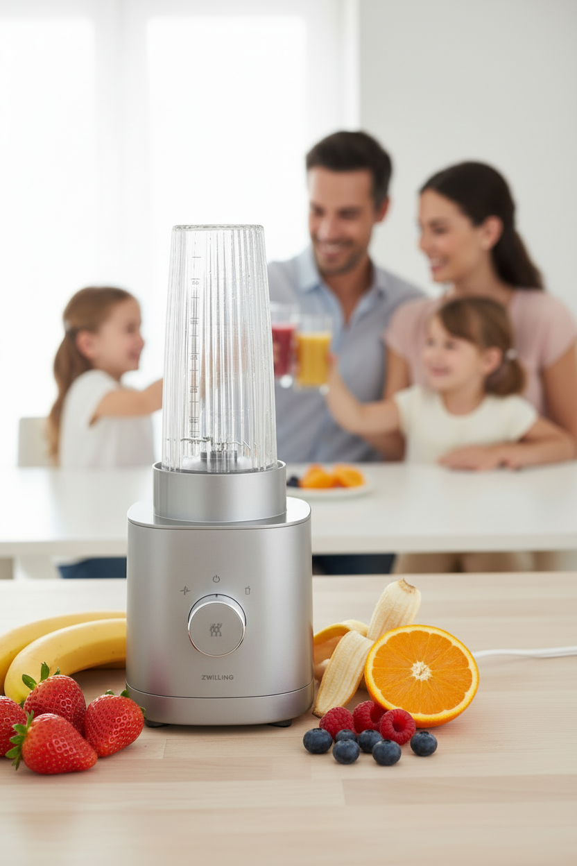White portable blender with clear container on a white background