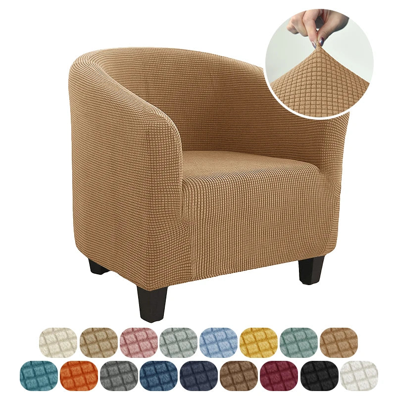 Brown armchair with a close-up of a fabric swatch and color options below.
