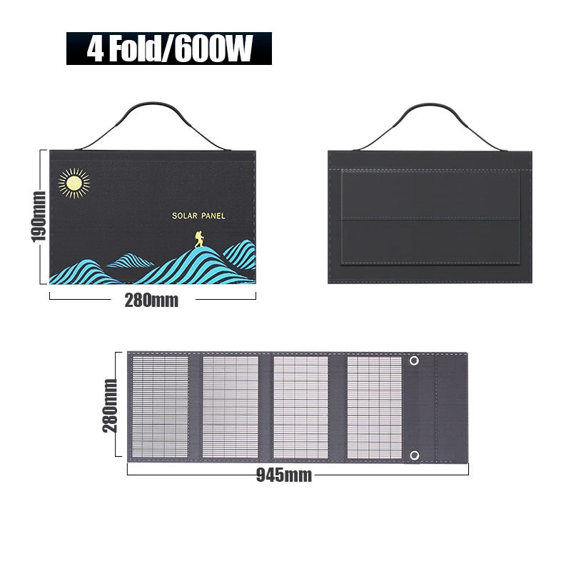 Foldable solar panel with dimensions and specifications on a white background