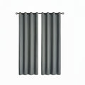 Gray blackout curtains with a black panel pulled down in a room with a couch and window.