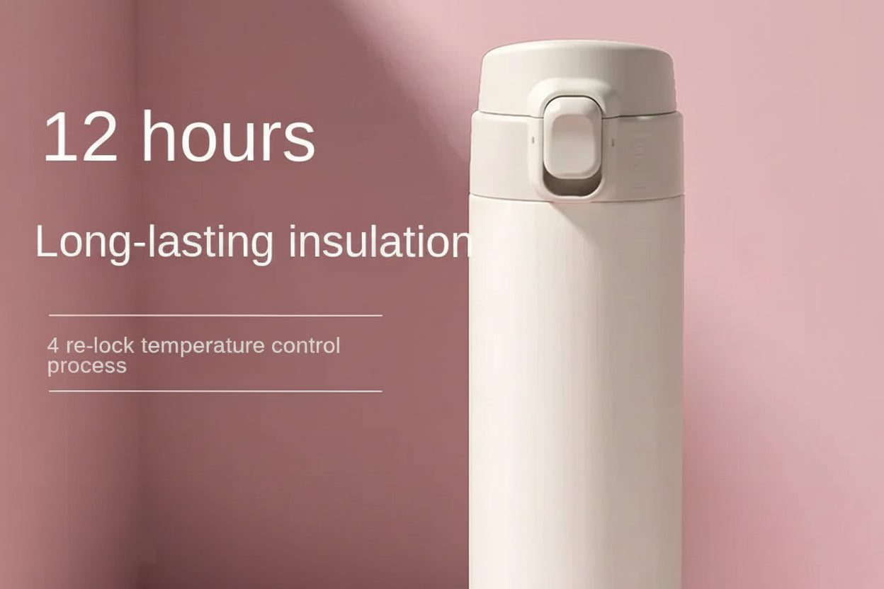 White thermos bottle with text on long-lasting insulation and temperature control on a pink background