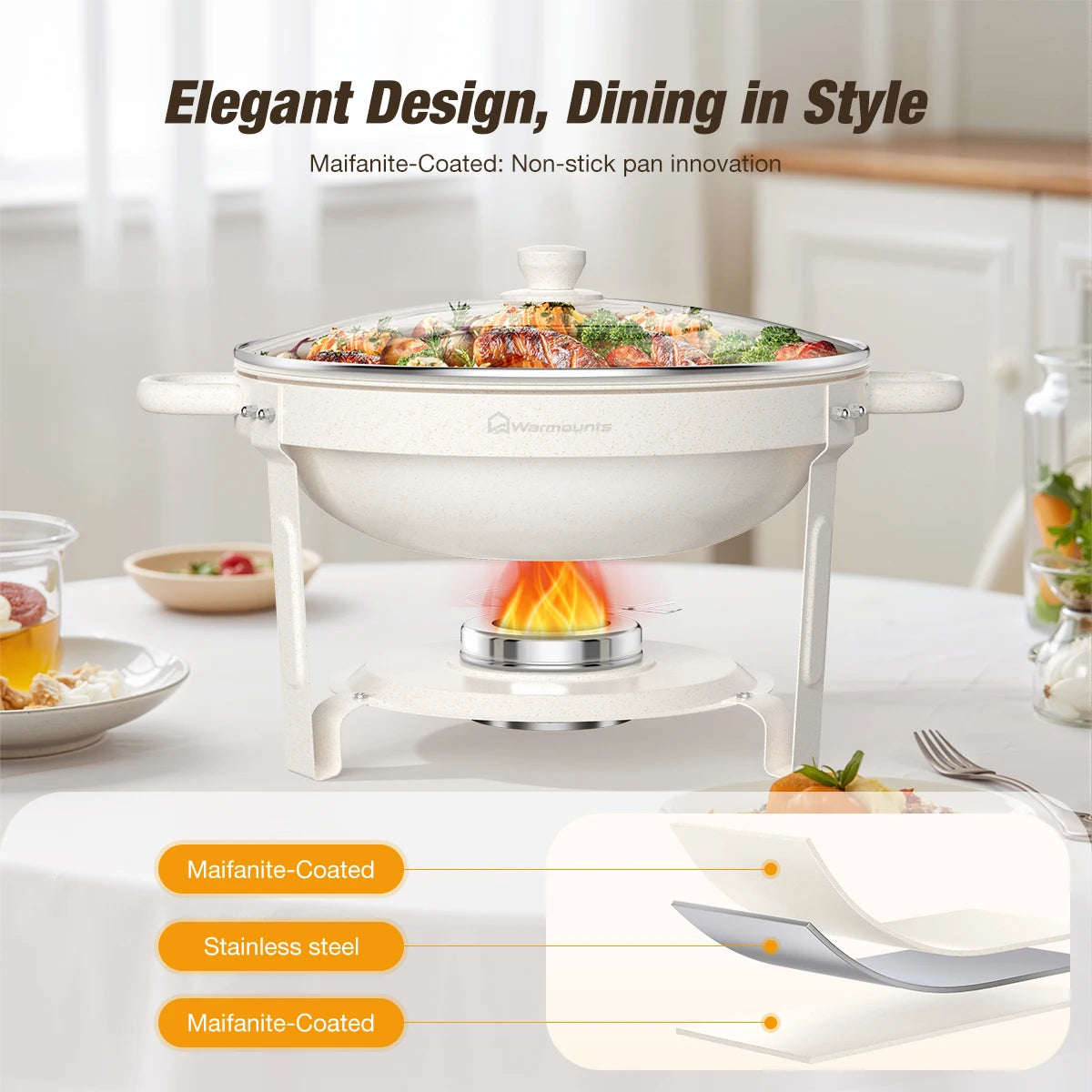 5QT Round Chafing Dishes Buffet Set with Glass Lid - White Chafer for Catering