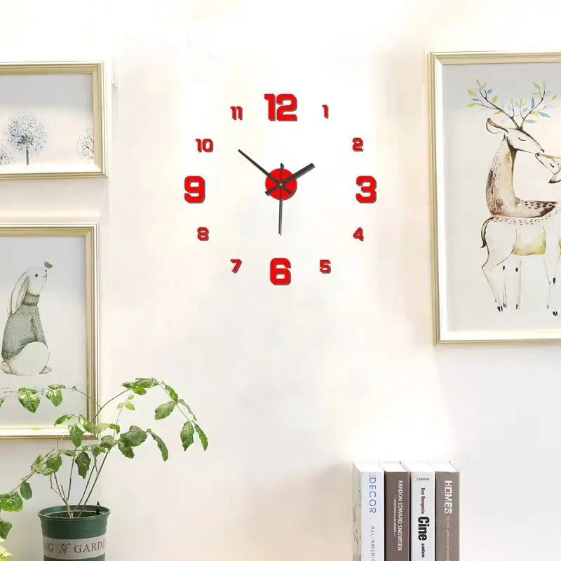 Red wall clock on a white wall with decorative elements