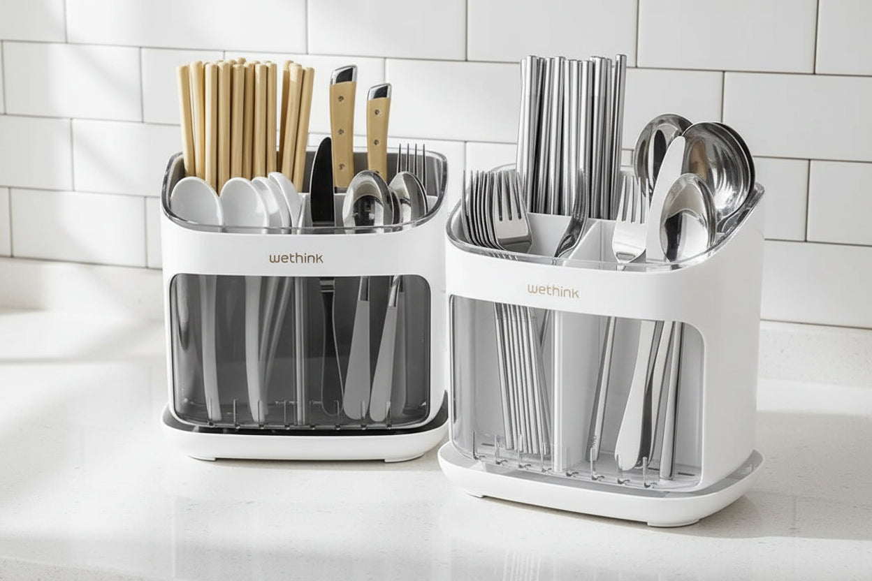 Set of white kitchen utensil organizers with cutlery on a reflective surface.