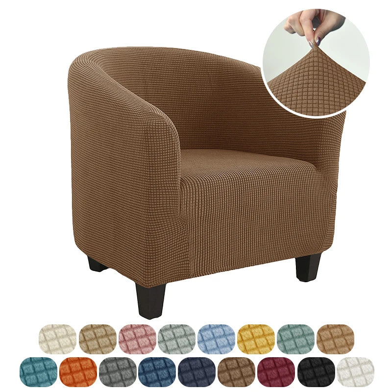 Brown armchair with a close-up of the fabric texture and color swatches below.