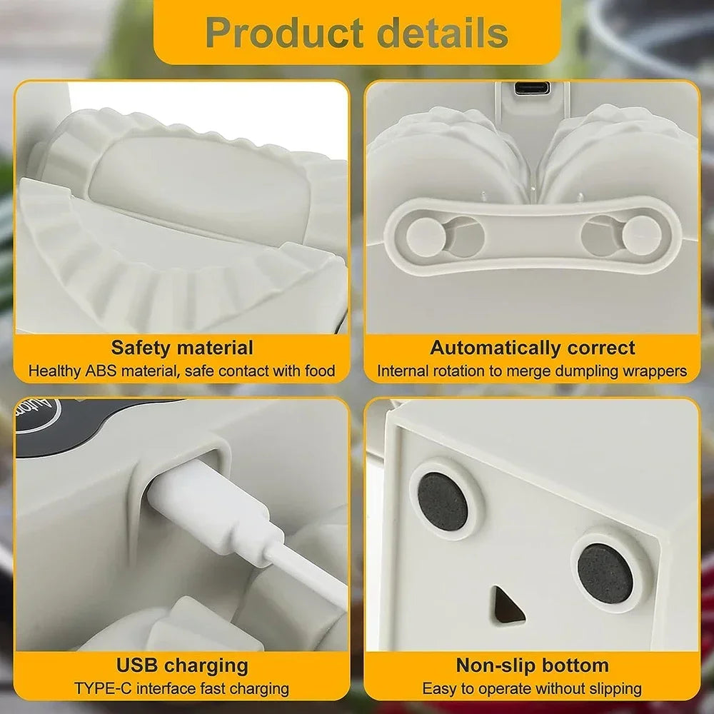 Product details of a dumpling wrapper machine with safety material, USB charging, and non-slip bottom features.