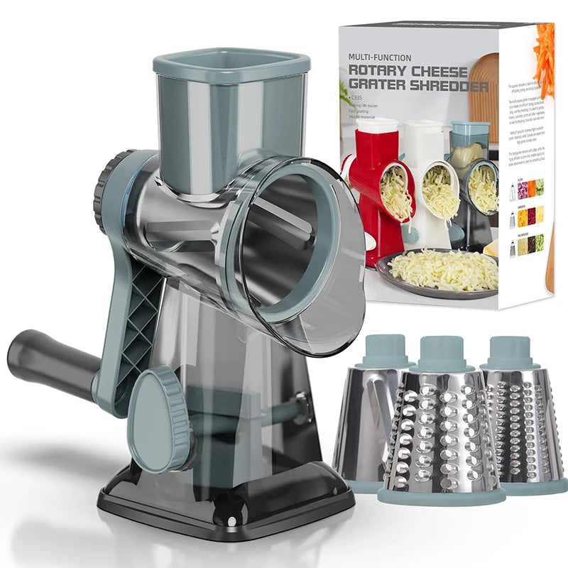 Multi-function rotary cheese grater shredder with packaging and additional attachments on a white background