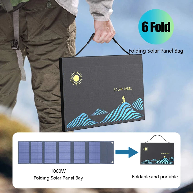 Folding solar panel bag with a person holding it against a blue sky background