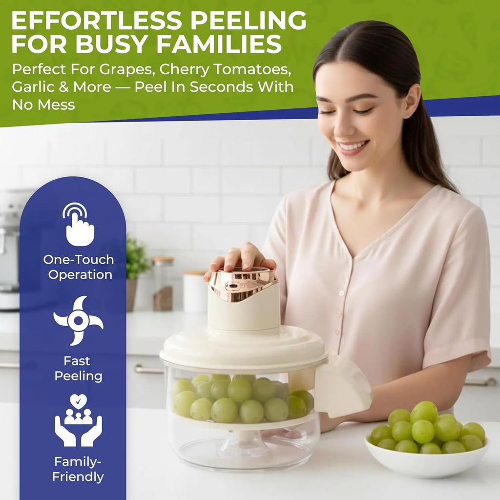 Woman using a grape peeling device with text highlighting features like one-touch operation and fast peeling.