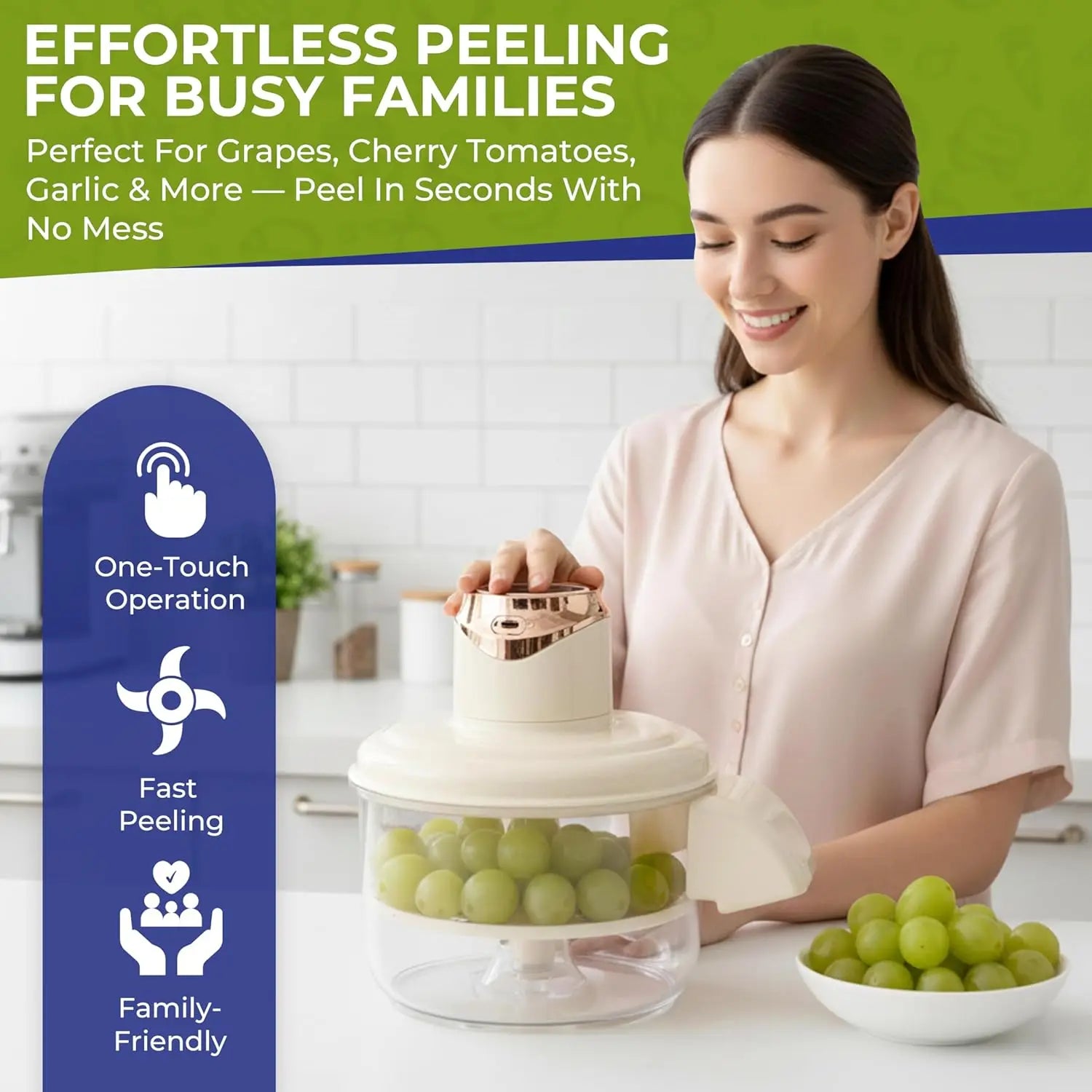 Woman using a grape peeling device with text highlighting features like one-touch operation and fast peeling.