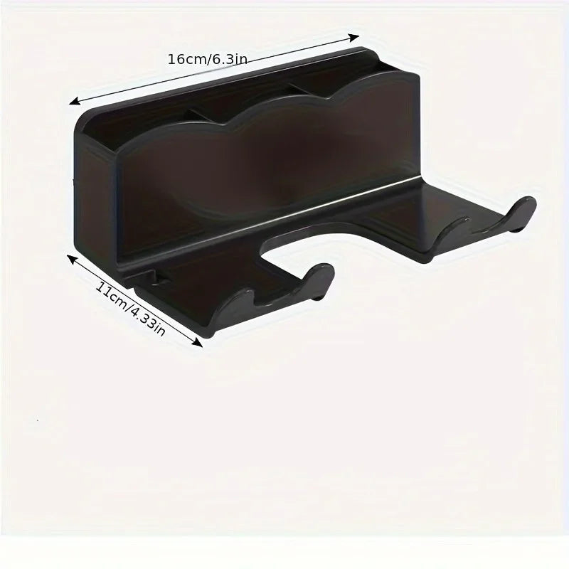 Black phone stand with dimensions on a white background