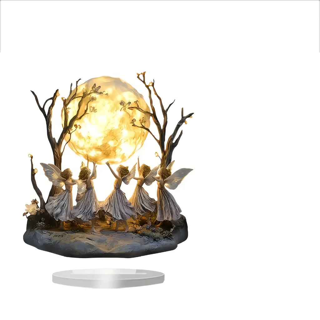 Decorative scene with fairies around a glowing moon on a white background