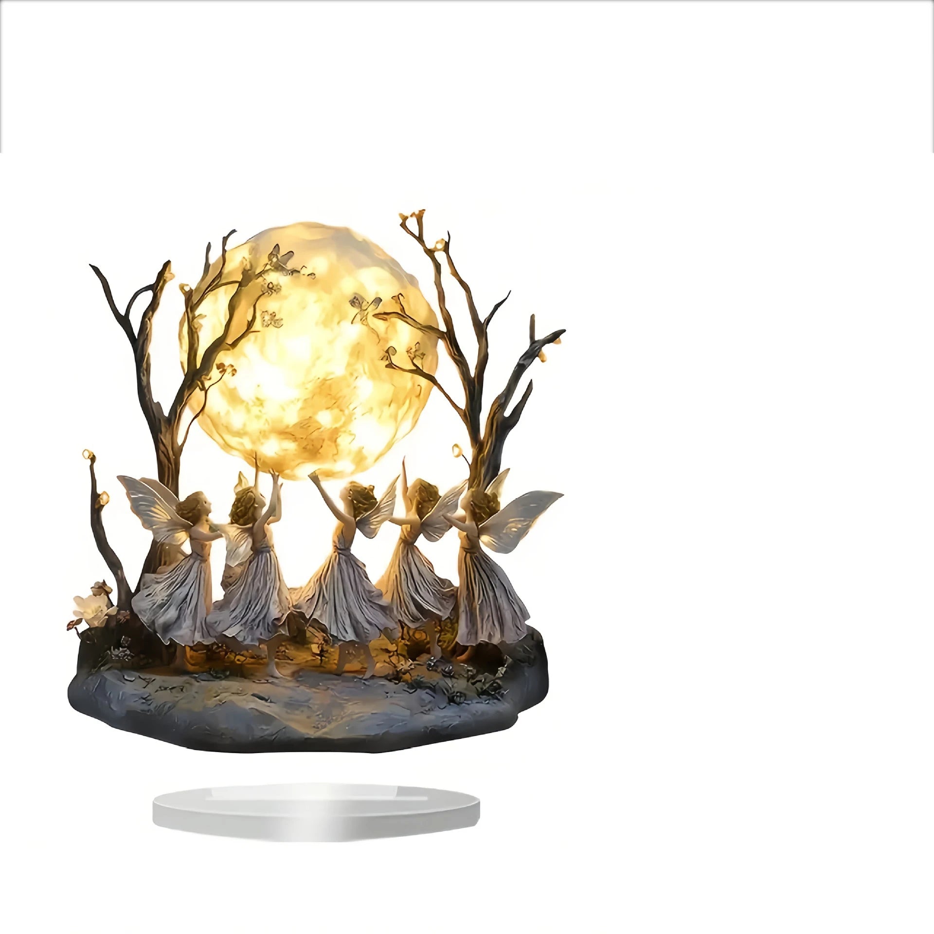 Decorative scene with fairies around a glowing moon on a white background