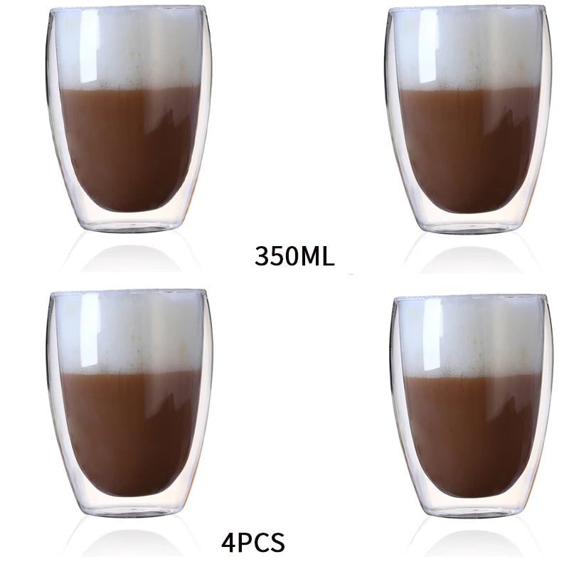 Four double-walled glass cups with a 350ML capacity, filled with a brown liquid on a white background.