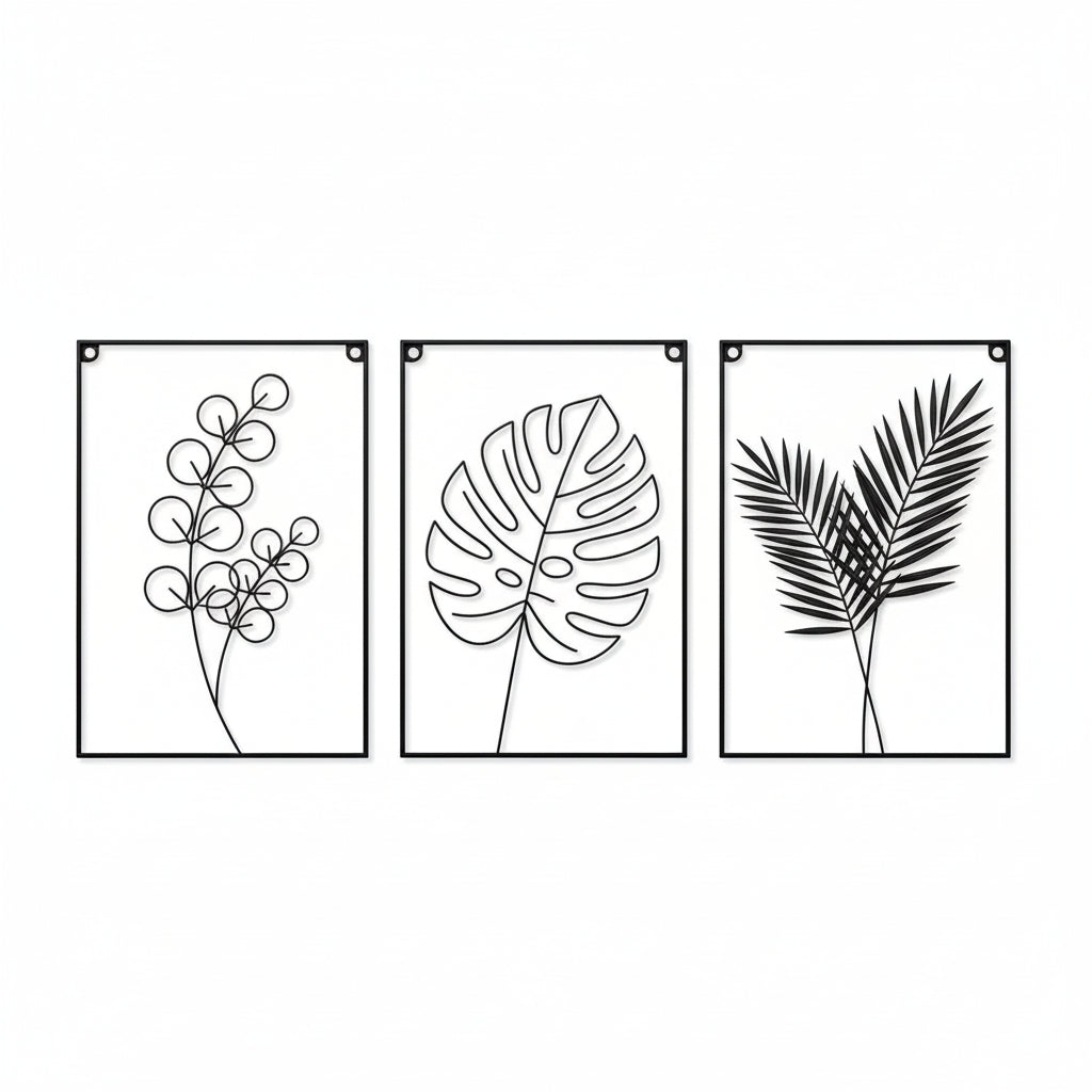 Three framed leaf-patterned wall art pieces above a modern white bathtub.