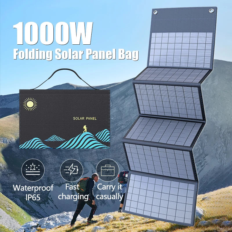 1000W folding solar panel bag with mountainous landscape background