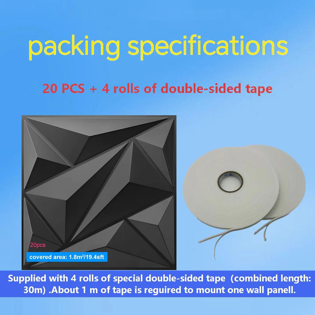 Packing specifications for wall panels with double-sided tape on a blue background