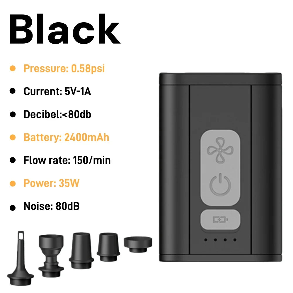 Black electronic device with features listed on a white background