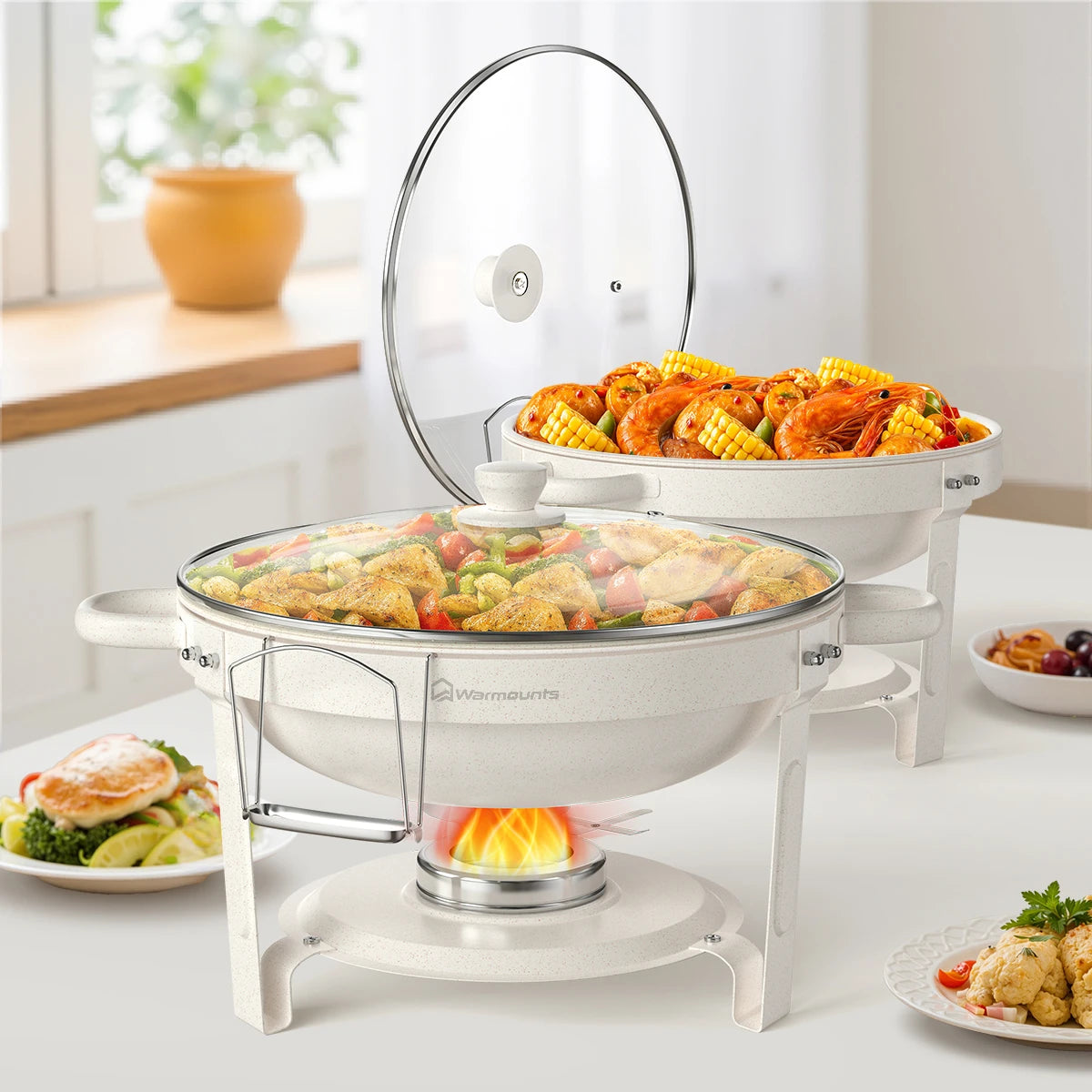 5QT Round Chafing Dishes Buffet Set with Glass Lid - White Chafer for Catering