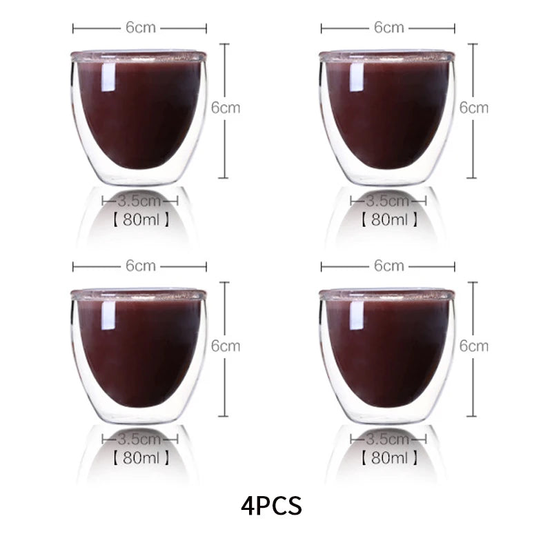 Four double-walled glass cups with a dark liquid, showing dimensions and capacity on a white background.