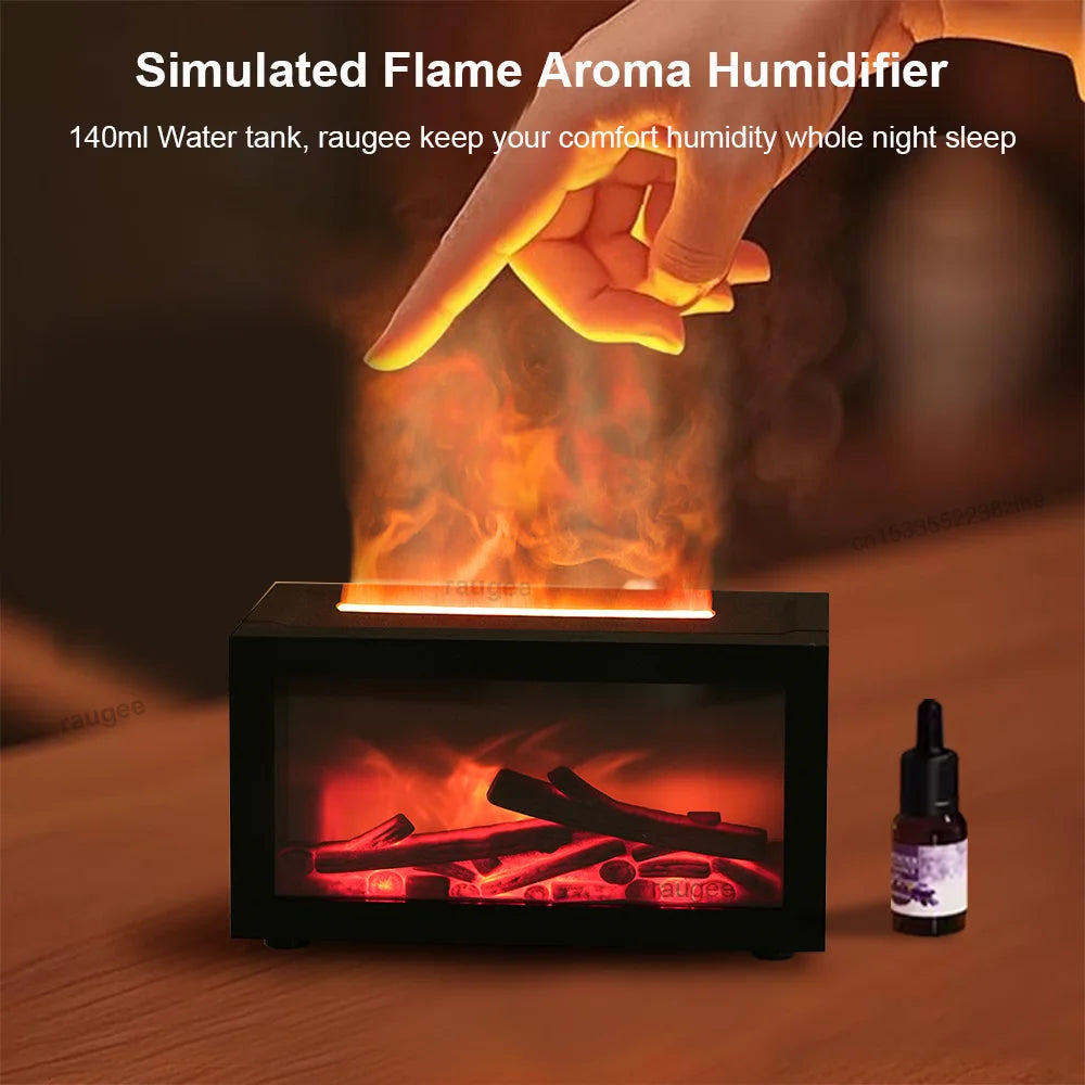 Simulated flame aroma humidifier with a hand reaching towards it on a wooden surface.