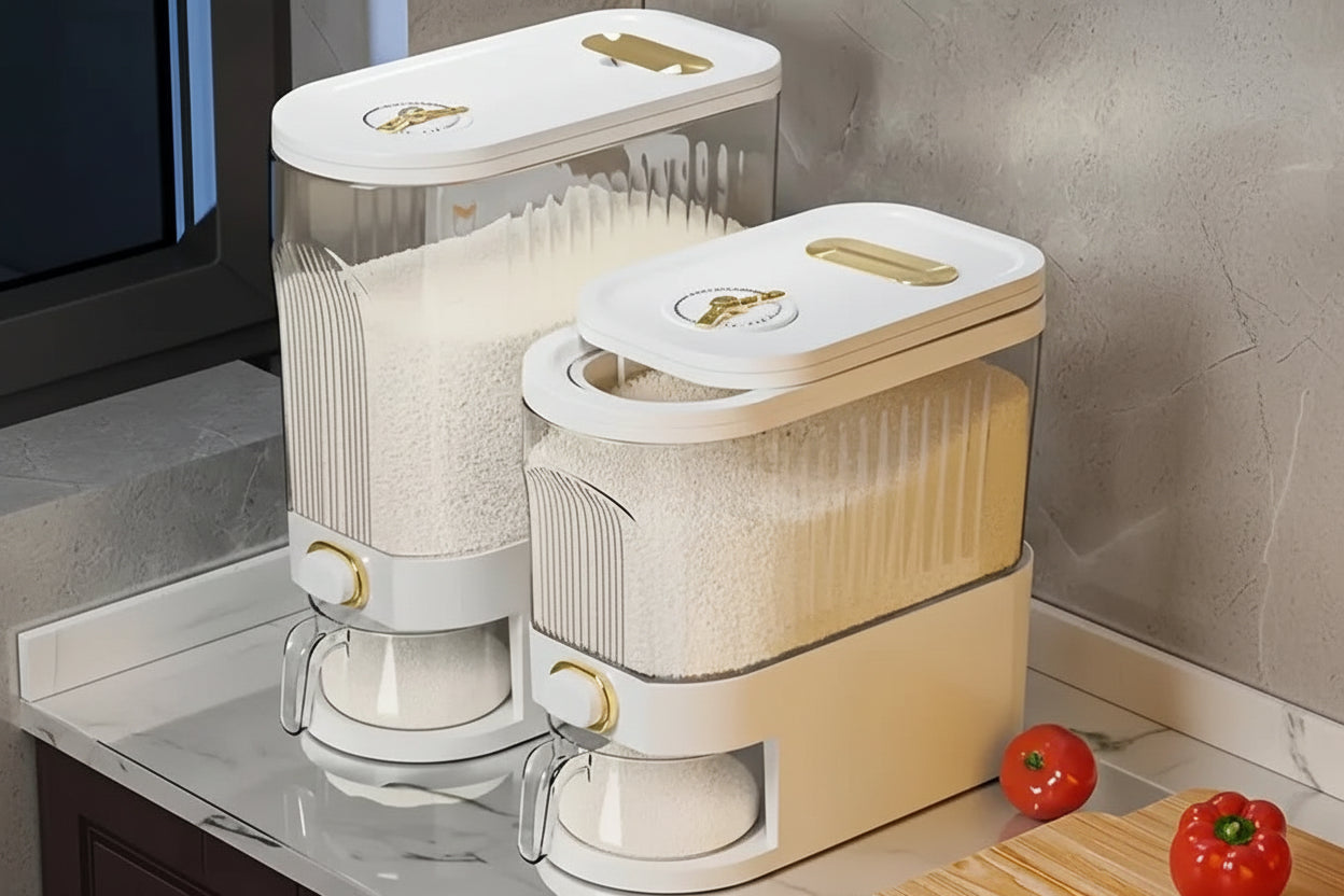 Two large rice storage containers with lids on a kitchen counter.