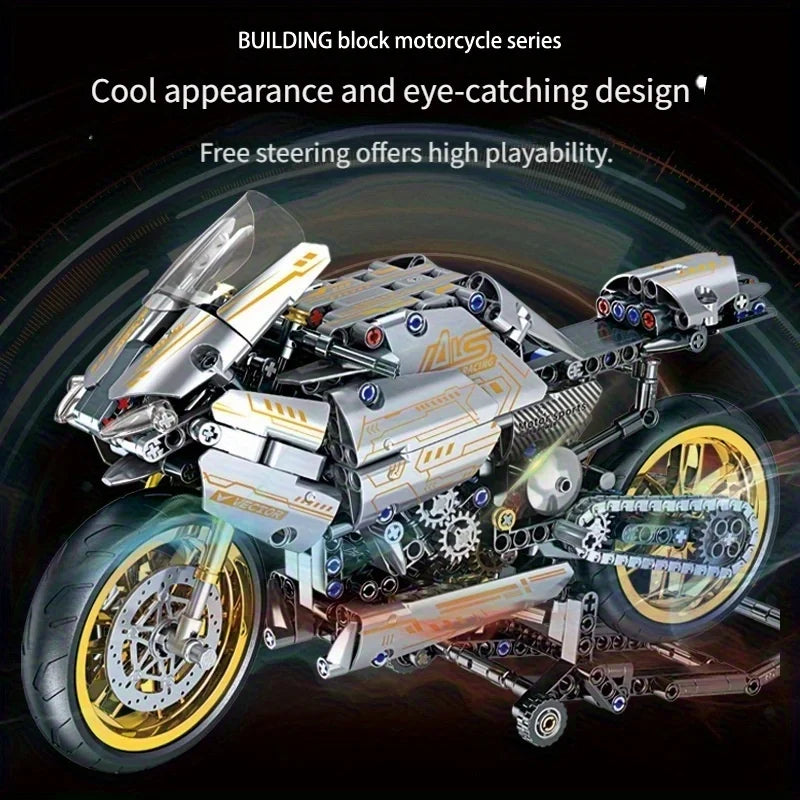 Motorcycle model made from building blocks with text highlighting its features.