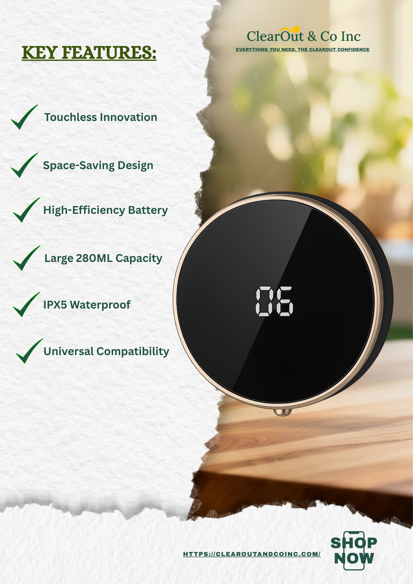 Product with key features listed on a white background, featuring 'ClearOut & Co Inc' branding.