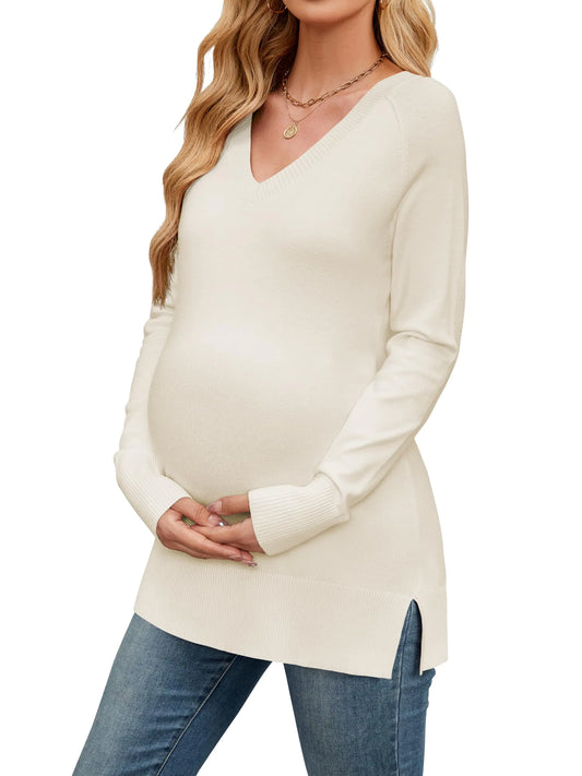 OUGES Spring Maternity V-Neck Sweater - Long Sleeve Split Side Knit Tunic (ApricotM)